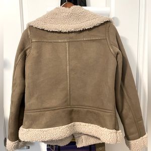 Zara XS Sherpa Lined Faux Suede and Shearling Moto Jacket in beige/oatmeal